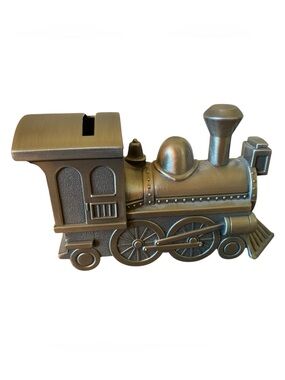 Vintage Silver Tone Metal Steam Train Locomotive Piggy Bank Sheridan Diecast